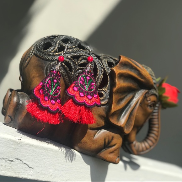 Beautiful Floral Boho Embroidered Tassel Earrings - Picture 6 of 8